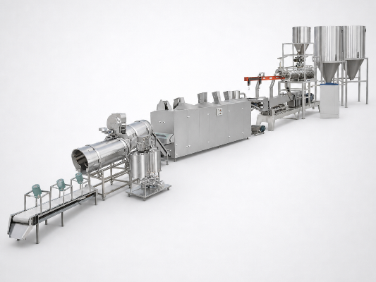 Integrated dry-kibble production route from preparation to downstream handling.
