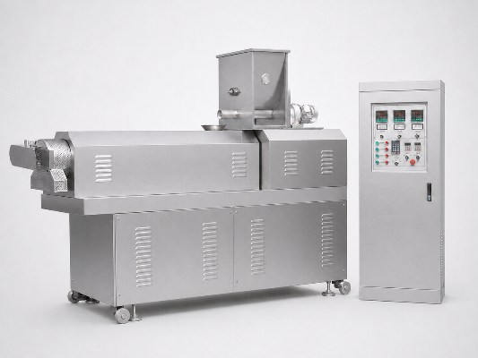 Twin-screw pet food extruder for cooking, shaping, and forming.
