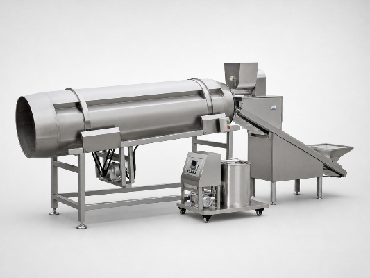 Coating drum for oil, palatant, or seasoning application.