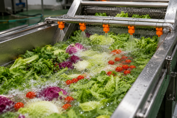 Leafy vegetable washing pathogen elimination system