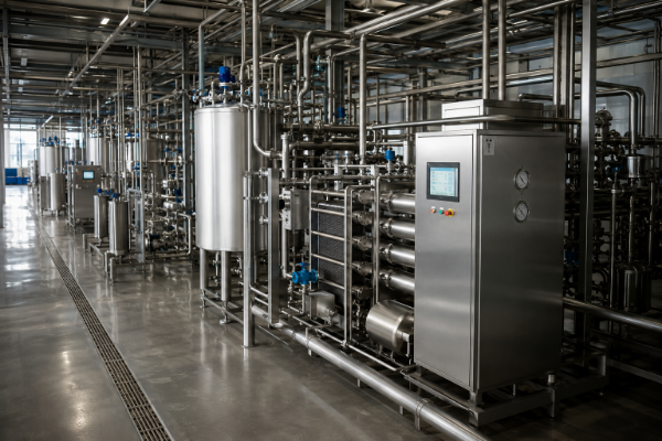 Milk processing equipment and storage tanks view