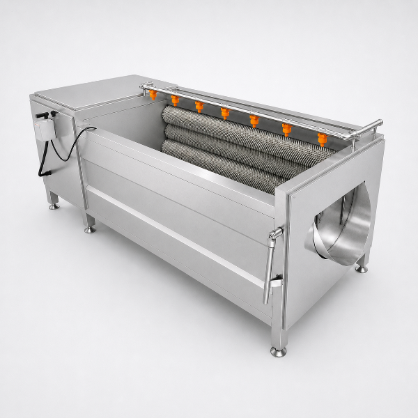 Stainless steel bubble wash tank with spray rinse bar and paddle wheel discharge for fruits and vegetables