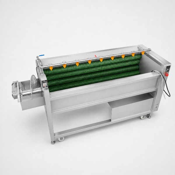 Abrasive roller peeler with orange spray nozzles and hinged lid for root vegetable processing