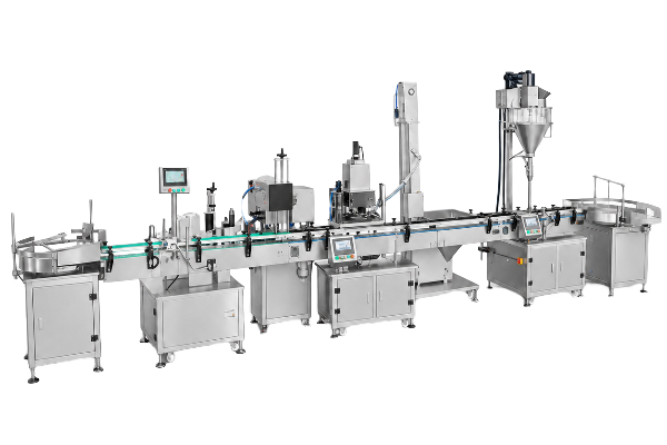 Container infeed, filling and capping stations feeding the tunnel pasteurization line