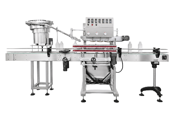 Inline spindle capper with rotary cap sorter, cap chute and paired gripper wheels