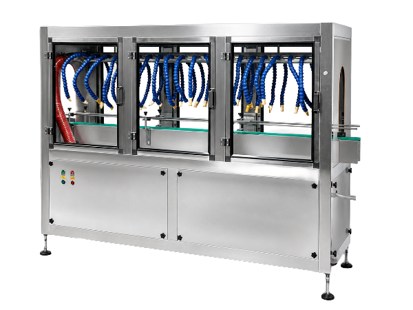 Air drying cabinet with articulated nozzles over the conveyor and ducted blower feed