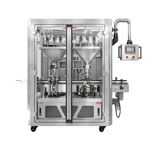 Enclosed filler with twin product hoppers, guard doors and swing-arm control panel