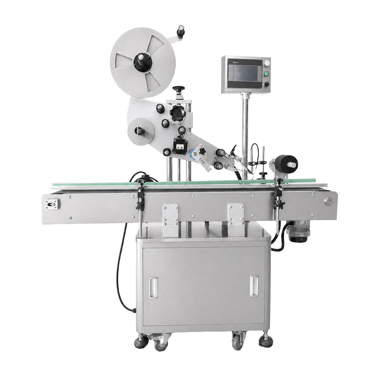Self-adhesive wrap-around labeller with reel, peel plate and press roller
