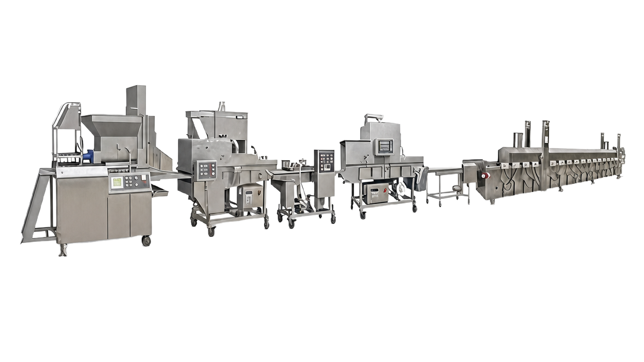 Shengtu chicken nugget coating and frying equipment sequence on a white background