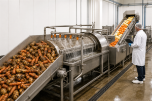 Stainless steel root vegetable washing and peeling line processing potatoes and carrots