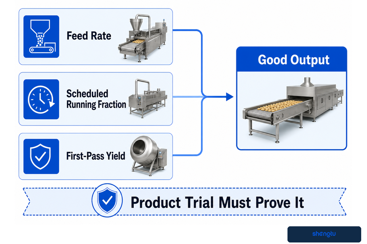 Good output combines feed rate, scheduled running fraction and first-pass yield — planning framework