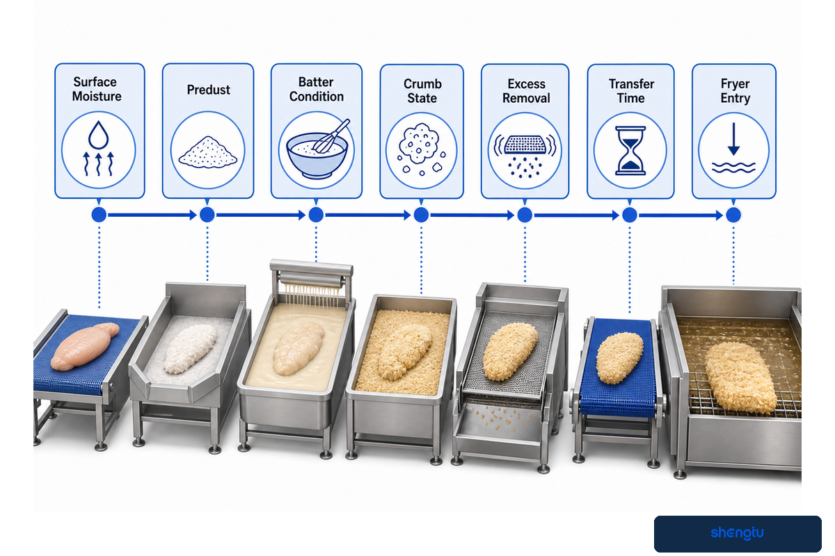 Coating pickup depends on surface, batter, crumb, transfer and fryer-entry conditions — evidence map