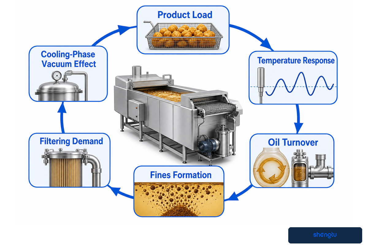 Oil management links product load, heat response, fines, filtration and cooling — evidence loop