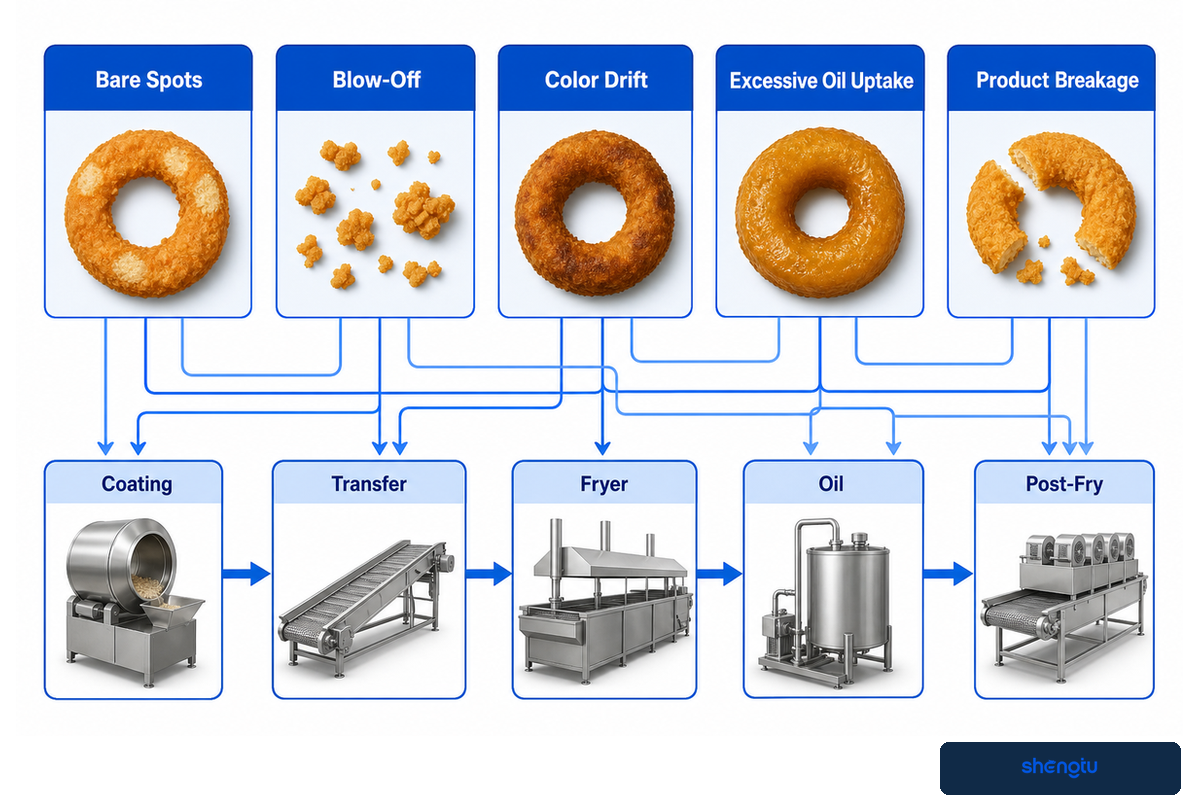 Trace defects across coating, transfer, fryer, oil and post-fry boundaries — diagnostic path