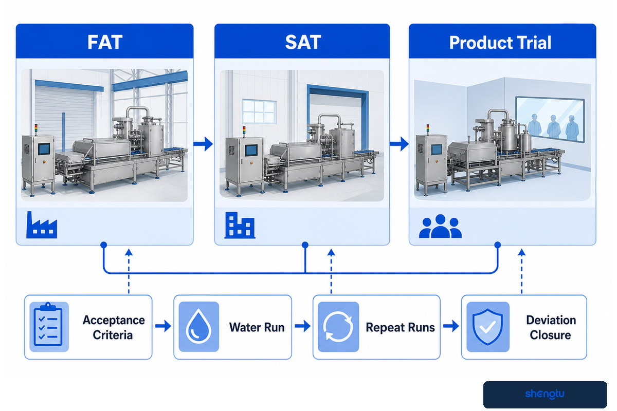 FAT, SAT and product trials close different equipment and process evidence — acceptance map