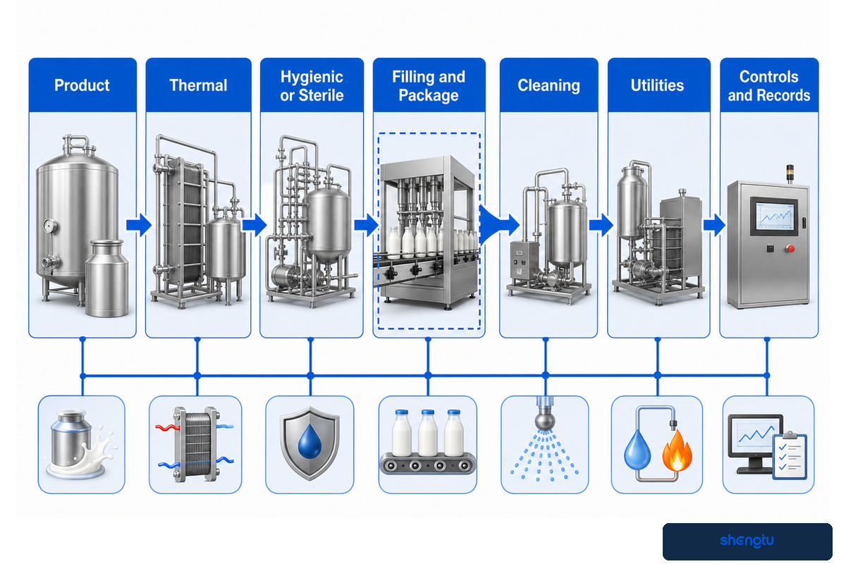 Seven interfaces connect product, thermal, filling, CIP, utilities and records across a milk line — Shengtu