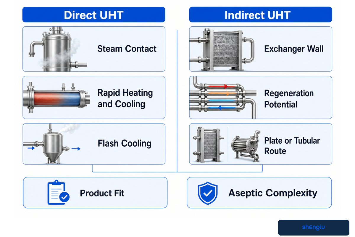 Direct UHT uses steam contact; indirect UHT uses exchanger-wall heat transfer — Codex milk hygiene code