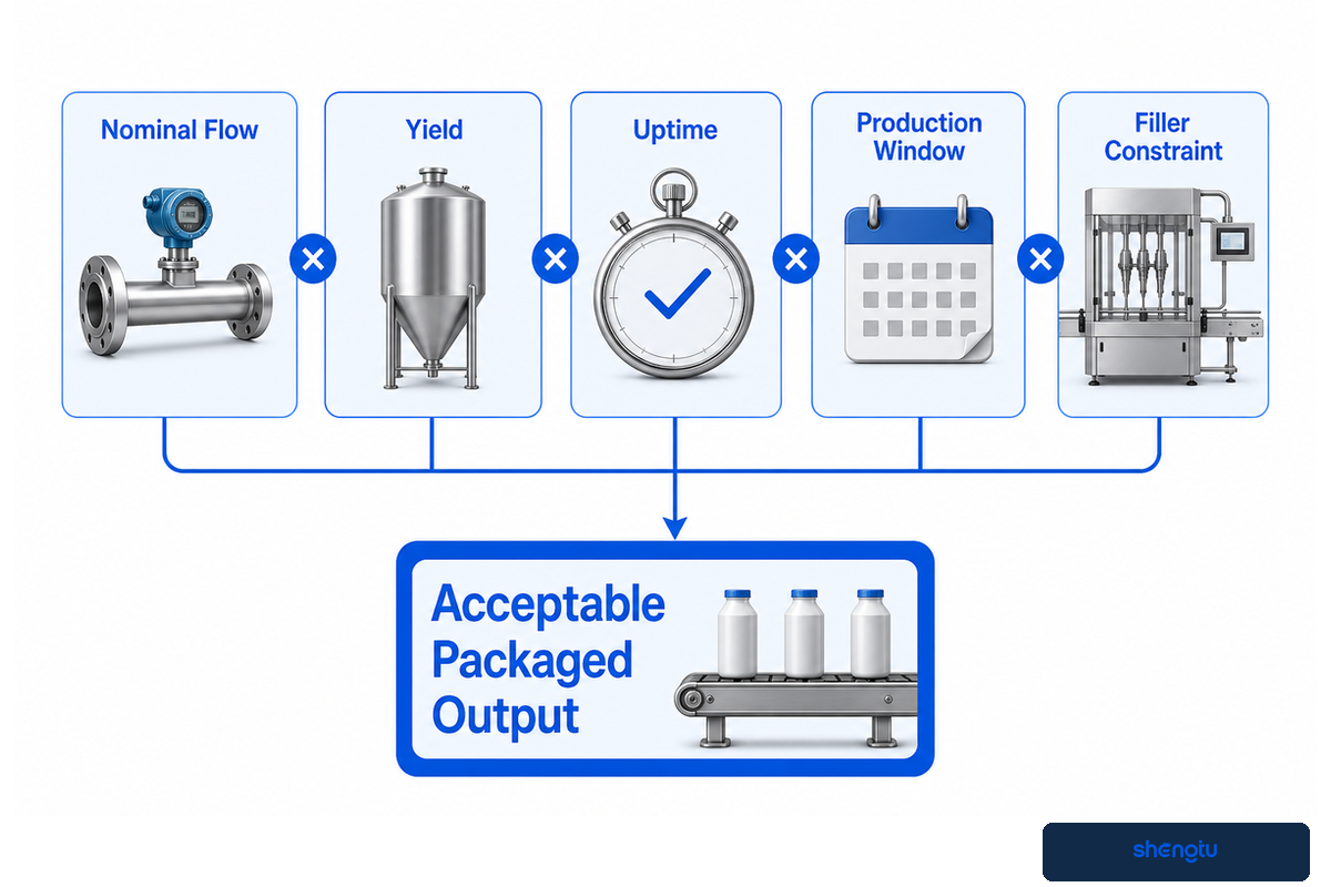 Acceptable packaged capacity reflects nominal flow, yield, uptime and filler constraints — planning framework
