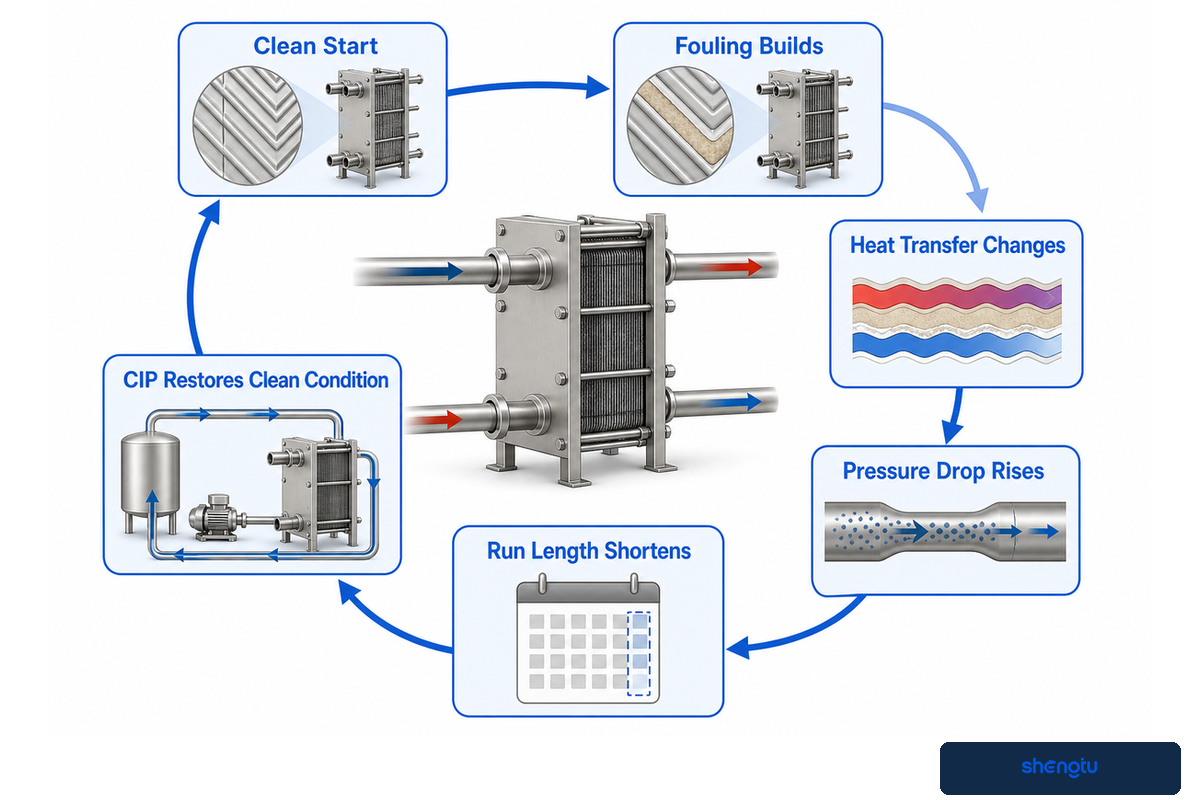 Fouling changes heat transfer and run length; CIP restores a validated cleaning condition — research review