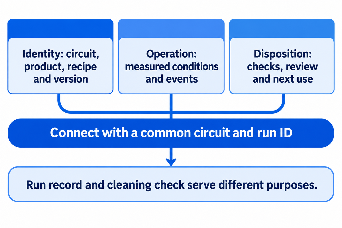 Los registros CIP relacionan la identificación, los eventos de operación y el estado de los equipos; la finalización del proceso y las verificaciones de limpieza se mantienen diferenciadas.