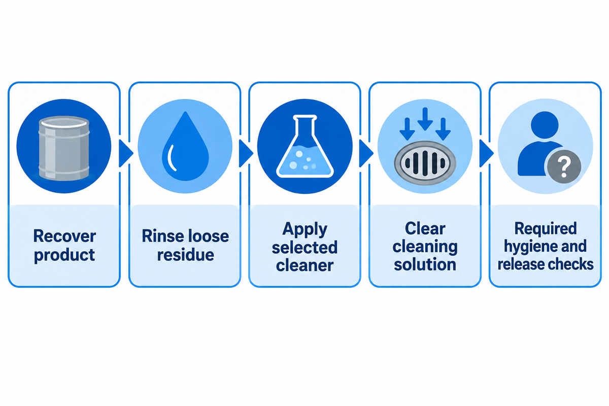 An illustrative CIP sequence separates recovery, rinsing, washing, clearing and site-required hygiene checks.