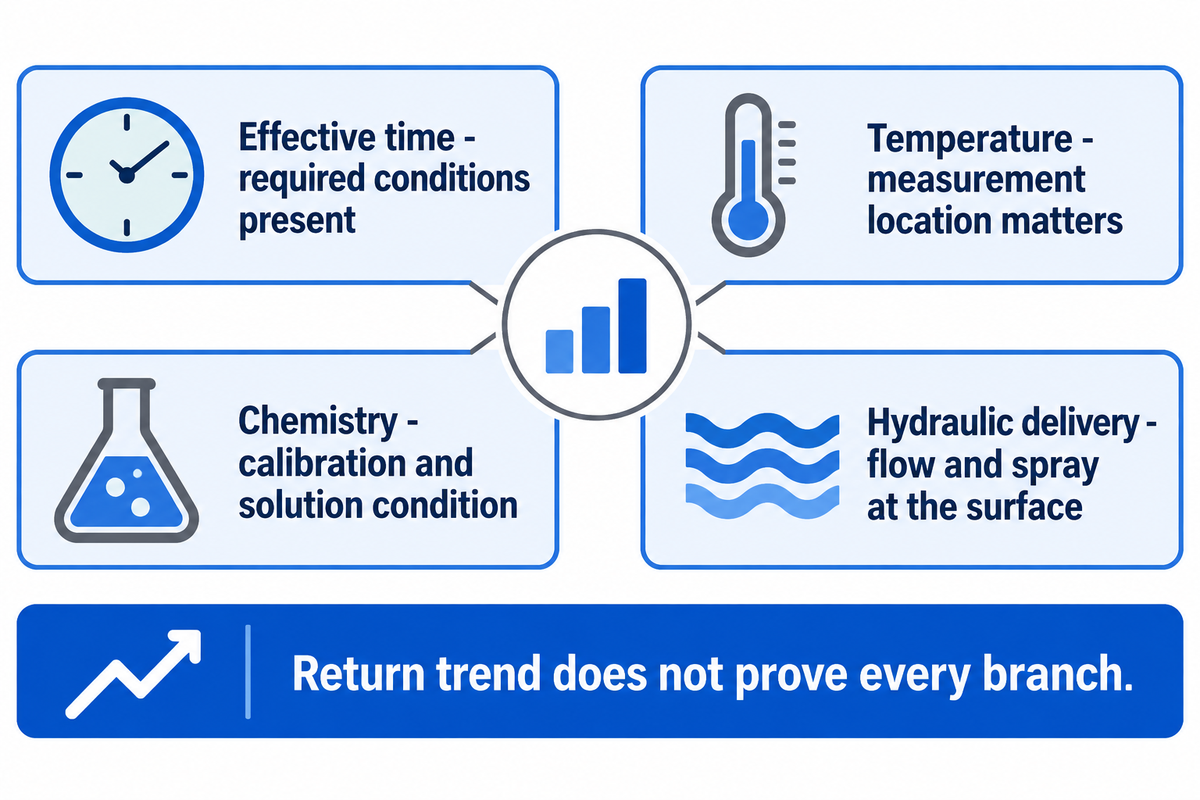 The 4-Signal CIP Return-Path Check pairs effective time, temperature, chemistry and hydraulic delivery with the actual route.