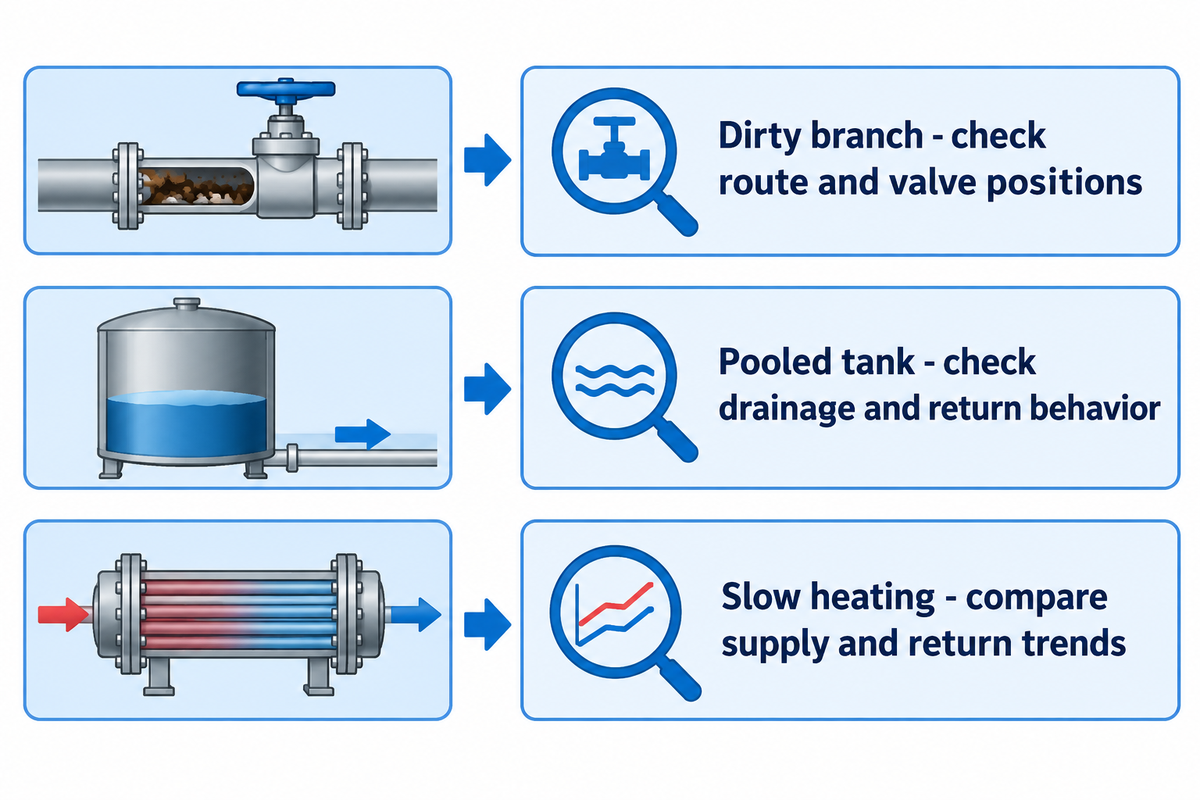 Check a dirty branch, pooled tank or slow heating against route, drainage and temperature evidence before changing chemistry.
