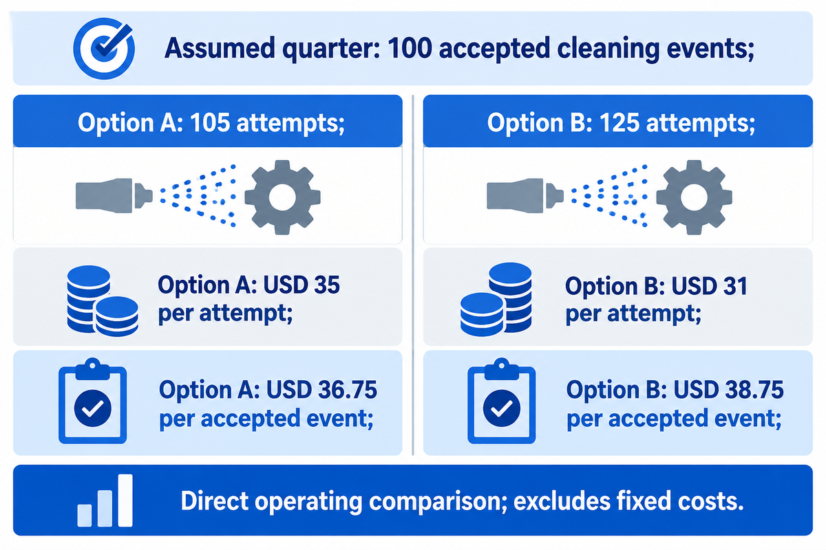 Assumed 100 accepted events: A costs USD 36.75 each; B USD 38.75, including repeated attempts; original worked example.