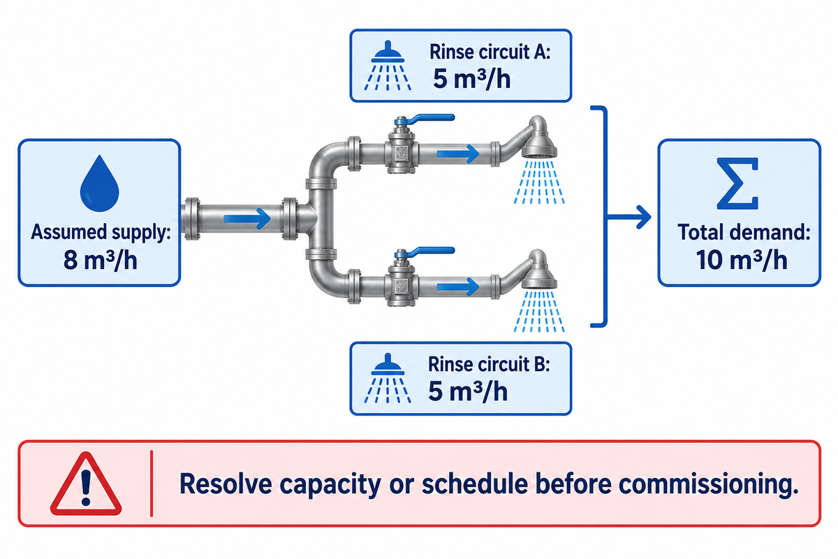 An assumed 8 m³/h shared supply cannot meet two simultaneous 5 m³/h rinse demands totaling 10 m³/h.