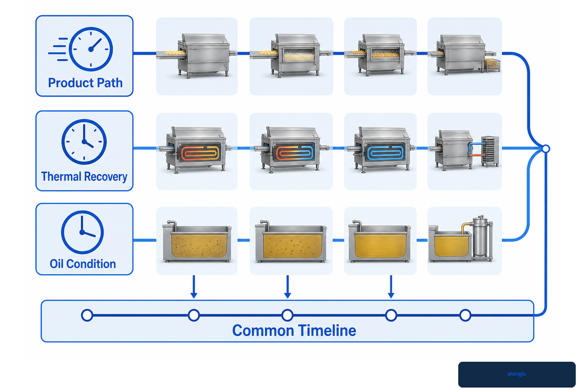 Three control clocks for product path, thermal recovery and oil condition in a continuous frying machine