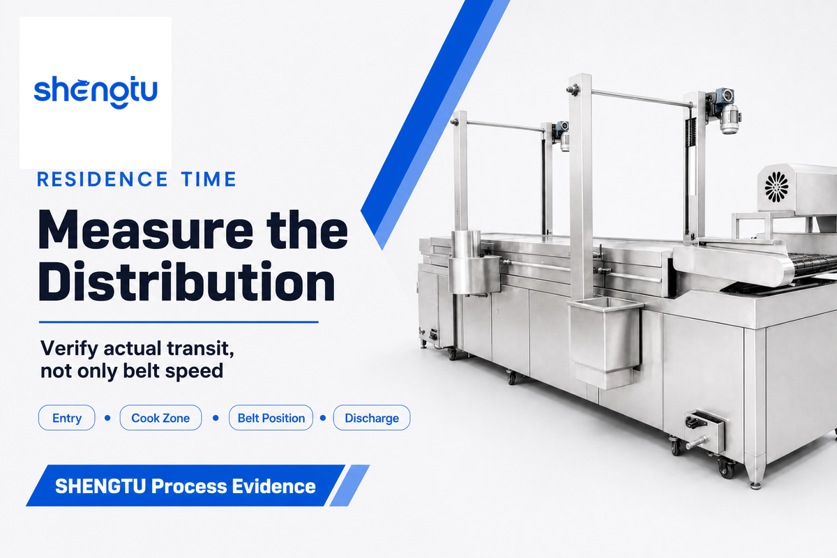 Verify continuous fryer residence time across the actual product path and belt position