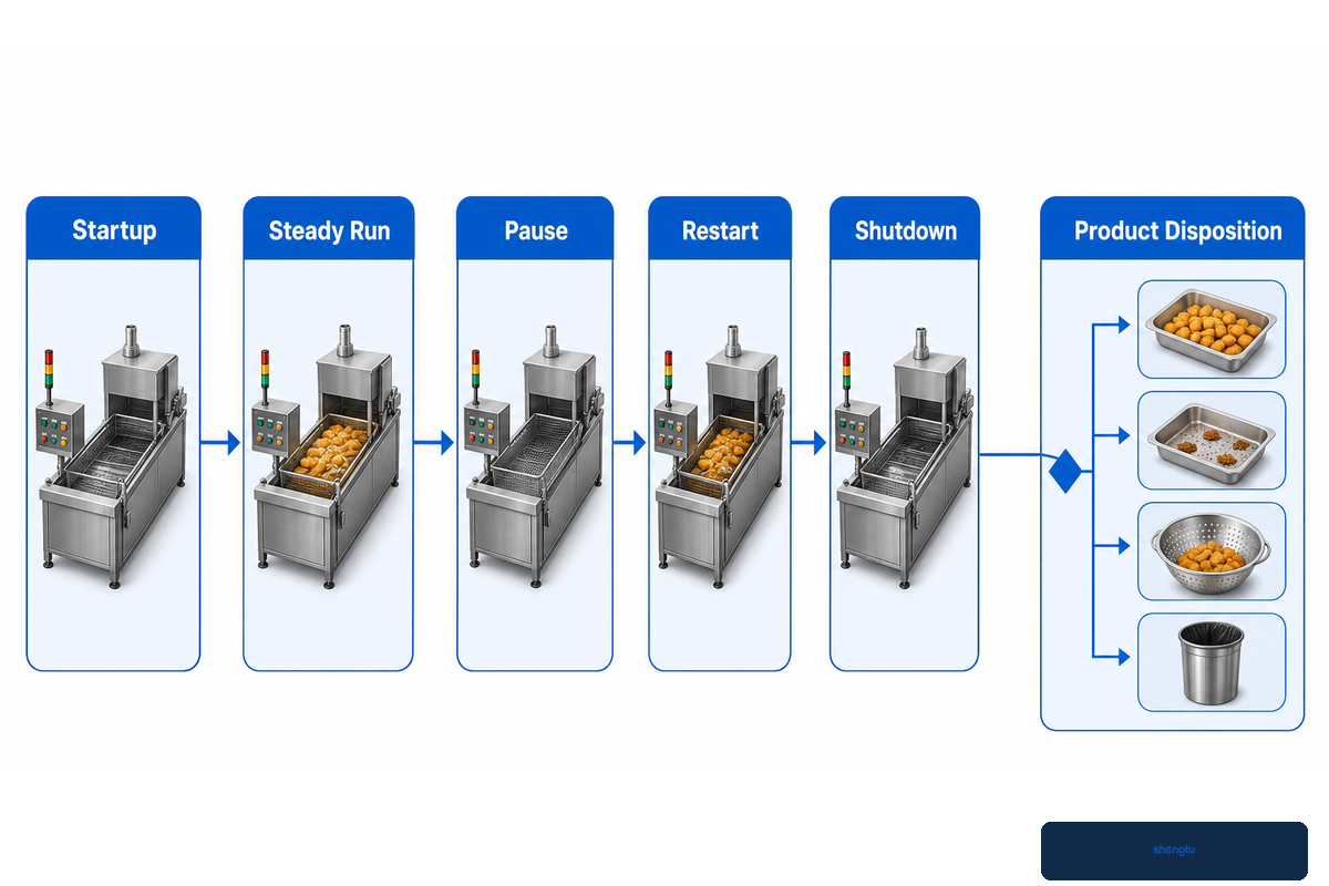 Continuous fryer transient control sequence from startup through pause, restart and shutdown