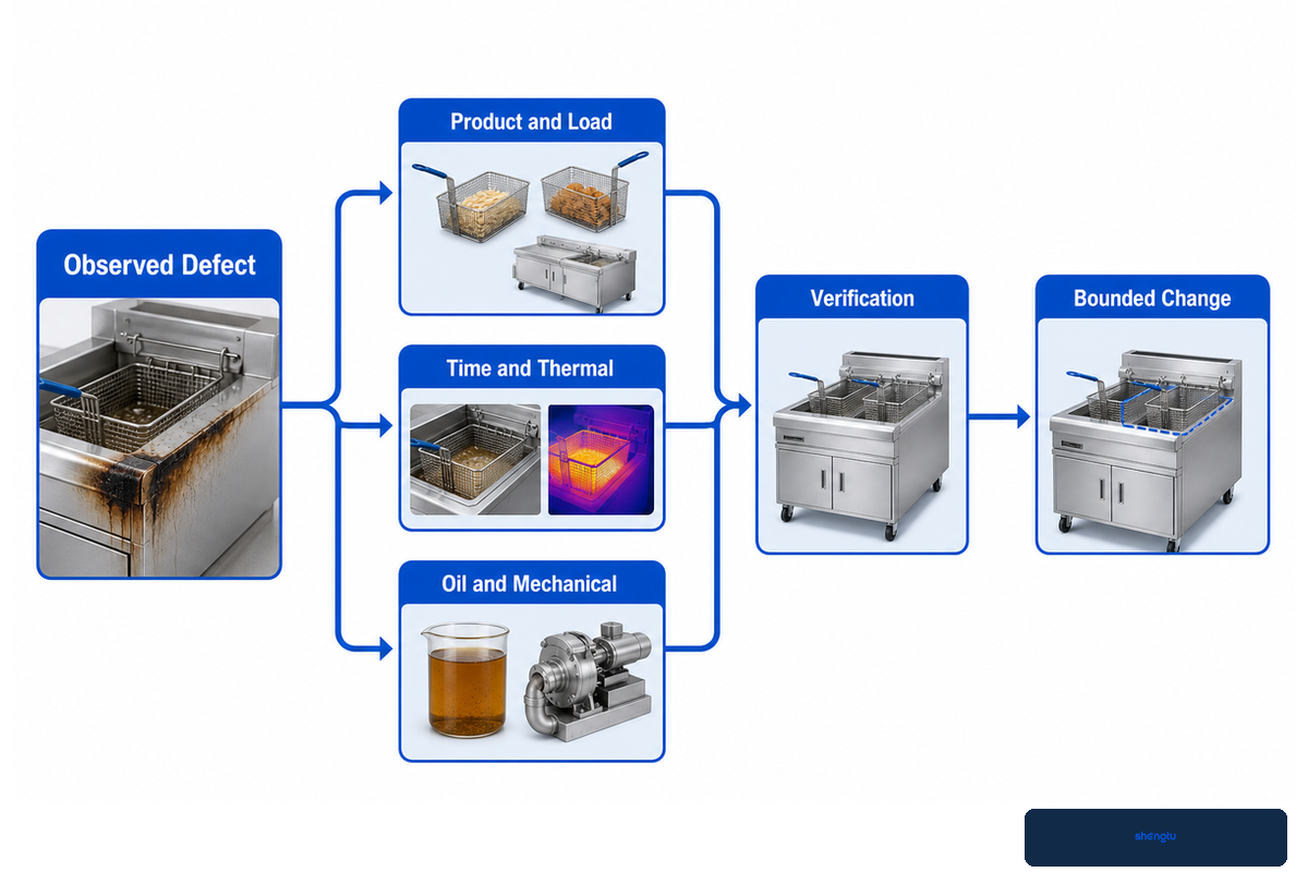 Defect-to-signal matrix for checking product, time, thermal, oil and mechanical evidence