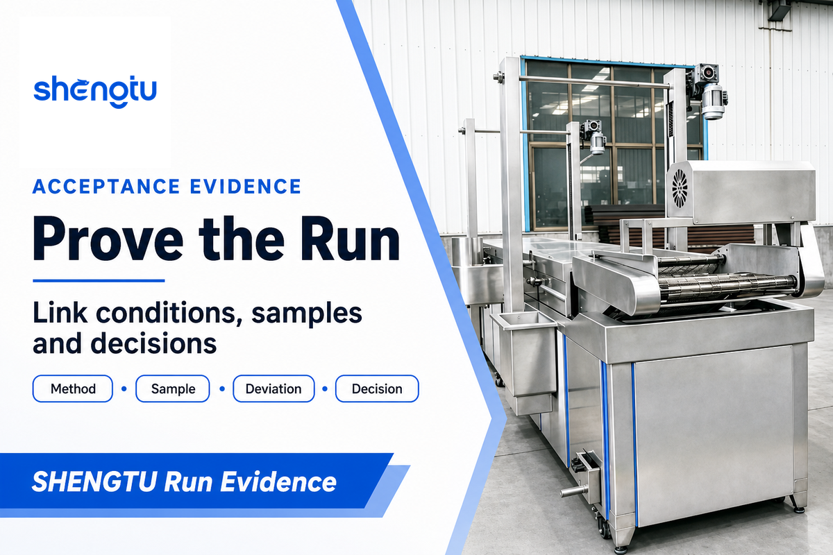 Fryer run evidence register linking test conditions, sampling methods, deviations and decisions