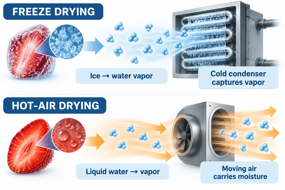Freeze-drying sublimes ice;hot-air drying evaporates liquid water;Nowak and Jakubczyk process review