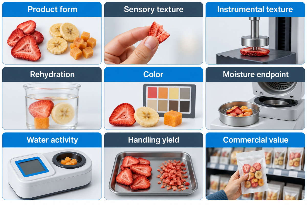 Compare drying routes on nine product-acceptance measures,including texture,water activity,handling yield and value