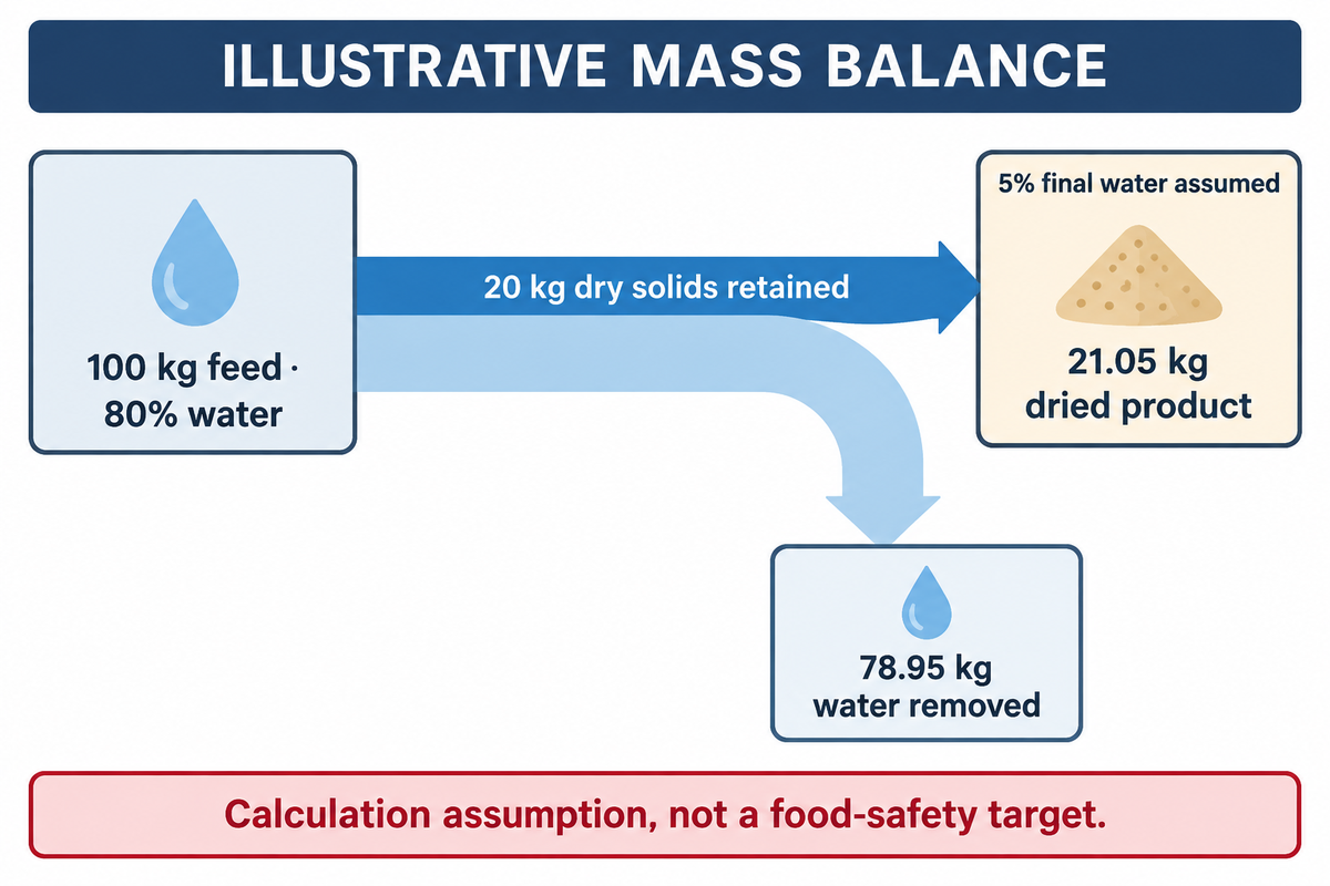 Illustrative100kg feed at80%water gives21.05kg dry product and78.95kg water removed;FAO wet-basis method