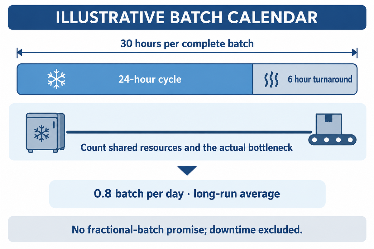 Illustrative24h cycle plus6h turnaround equals30h per batch and0.8batch/day long-run average;not daily delivery