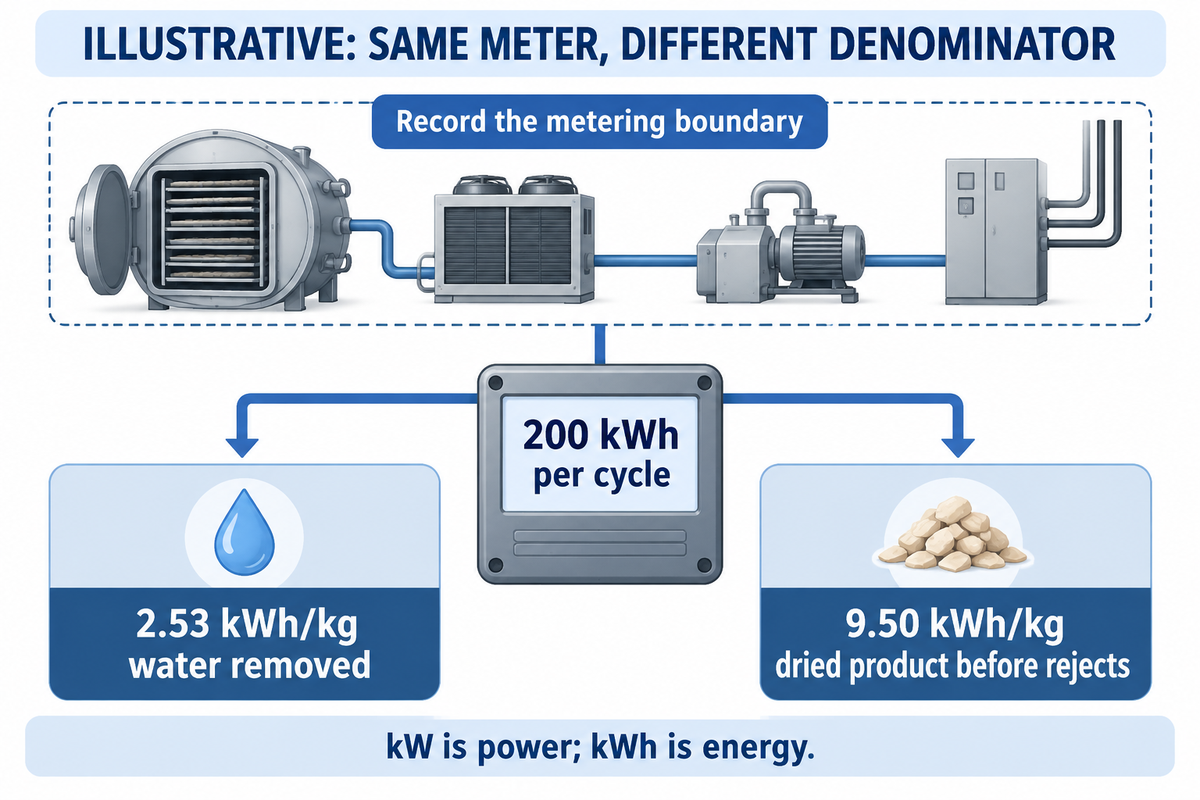 One illustrative200kWh reading gives2.53kWh/kg water or9.50kWh/kg dried product;denominators differ