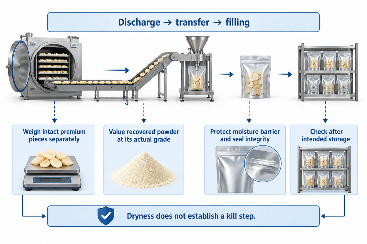 Accepted yield depends on transfer and packaging;dryness alone establishes neither a kill step nor shelf life
