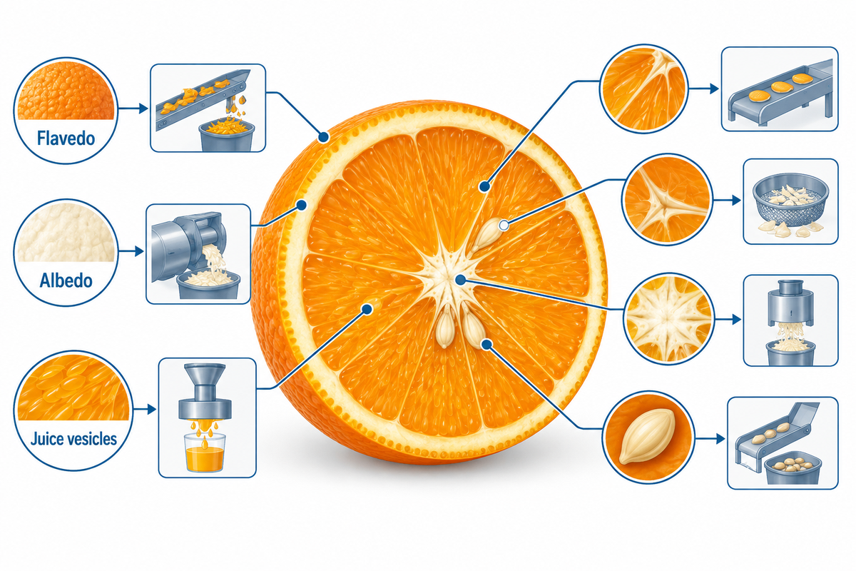 Orange anatomy labels flavedo, albedo and juice vesicles for fraction-based processing decisions.