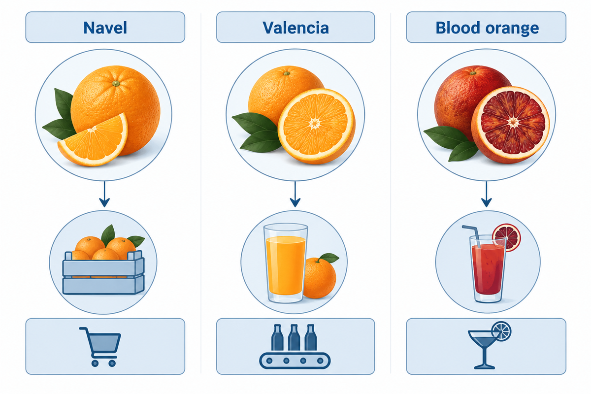 Navel, Valencia and blood orange varieties mapped to fresh-market, juice and specialty beverage route decisions.