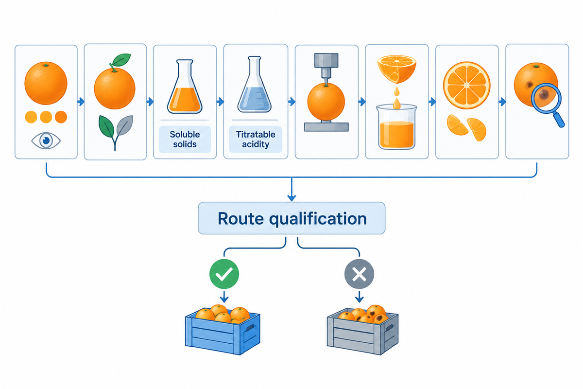 Orange route checks include soluble solids, titratable acidity, firmness, juice yield, pulp level and defect rate.