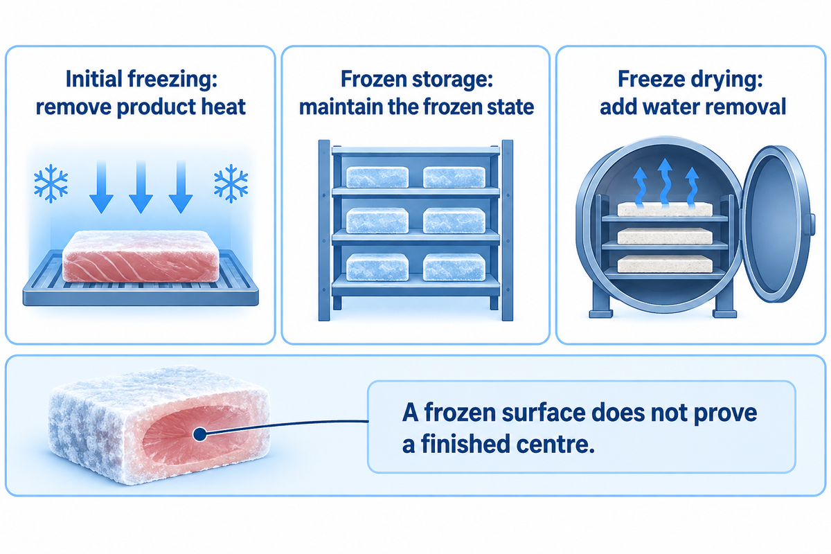 Freezing removes heat, storage maintains the frozen state, and freeze drying removes water; Codex and FAO context.