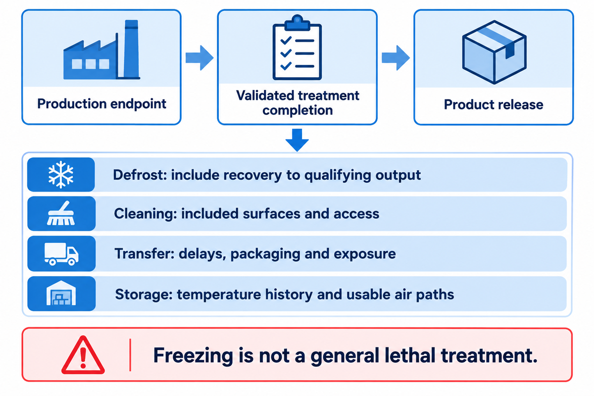 Record freezing endpoint, validated treatment completion and product release separately; Codex-based handoff controls.