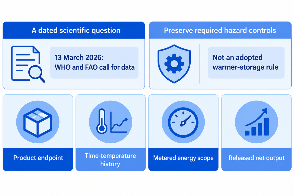 The March 2026 WHO and FAO data call is a research notice; retain validated controls and measure the whole boundary.