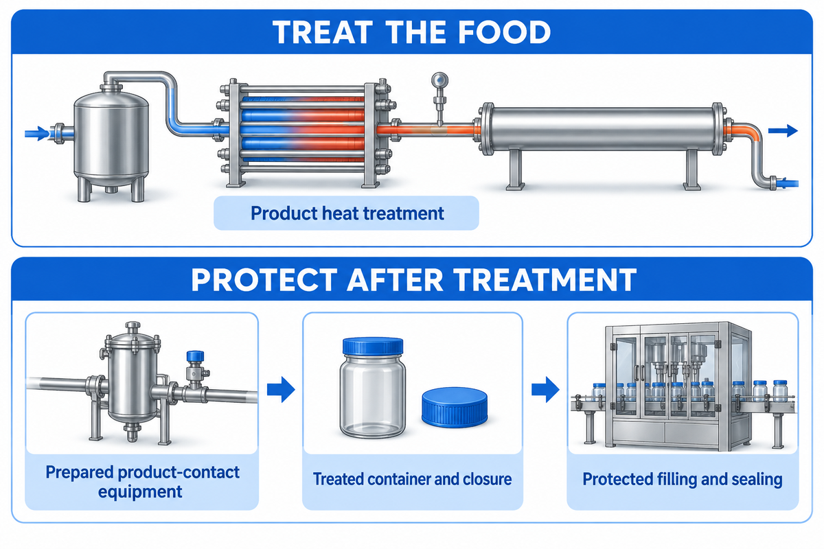 Treatment establishes the food condition; protected transfer, filling and sealing preserve it, per FDA.