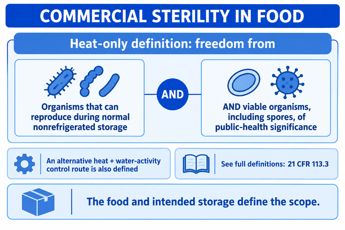 Commercial sterility depends on treatment route, relevant organisms and storage scope, under 21 CFR 113.3.
