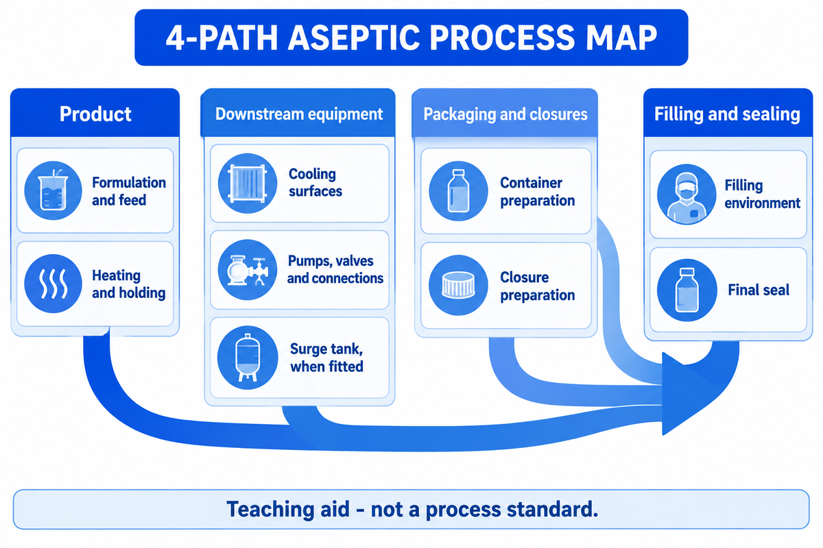 Four protection paths connect nine checkpoints from formulation to final seal; FDA-based teaching map.
