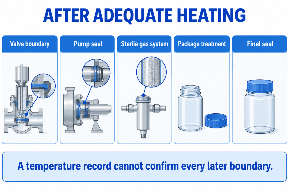 Downstream barriers, package treatment or seals can fail after heating; FDA-based contamination-path diagram.
